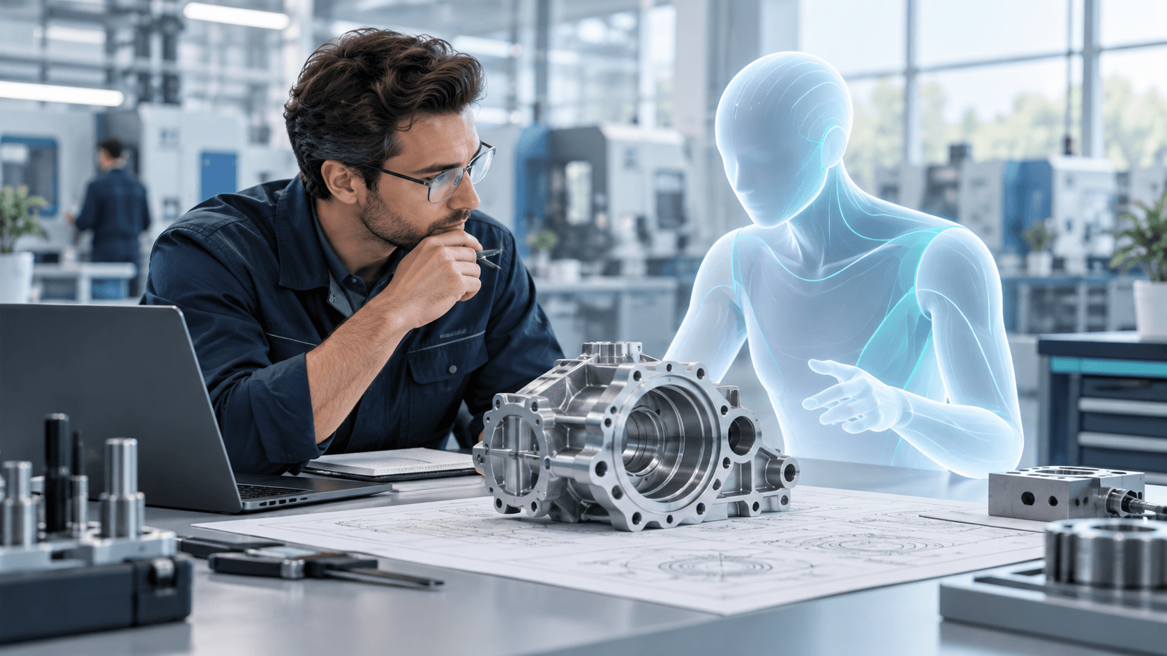 AI Teammates concept: a manufacturing engineer and a virtual AI colleague reviewing a machined component and engineering drawings.